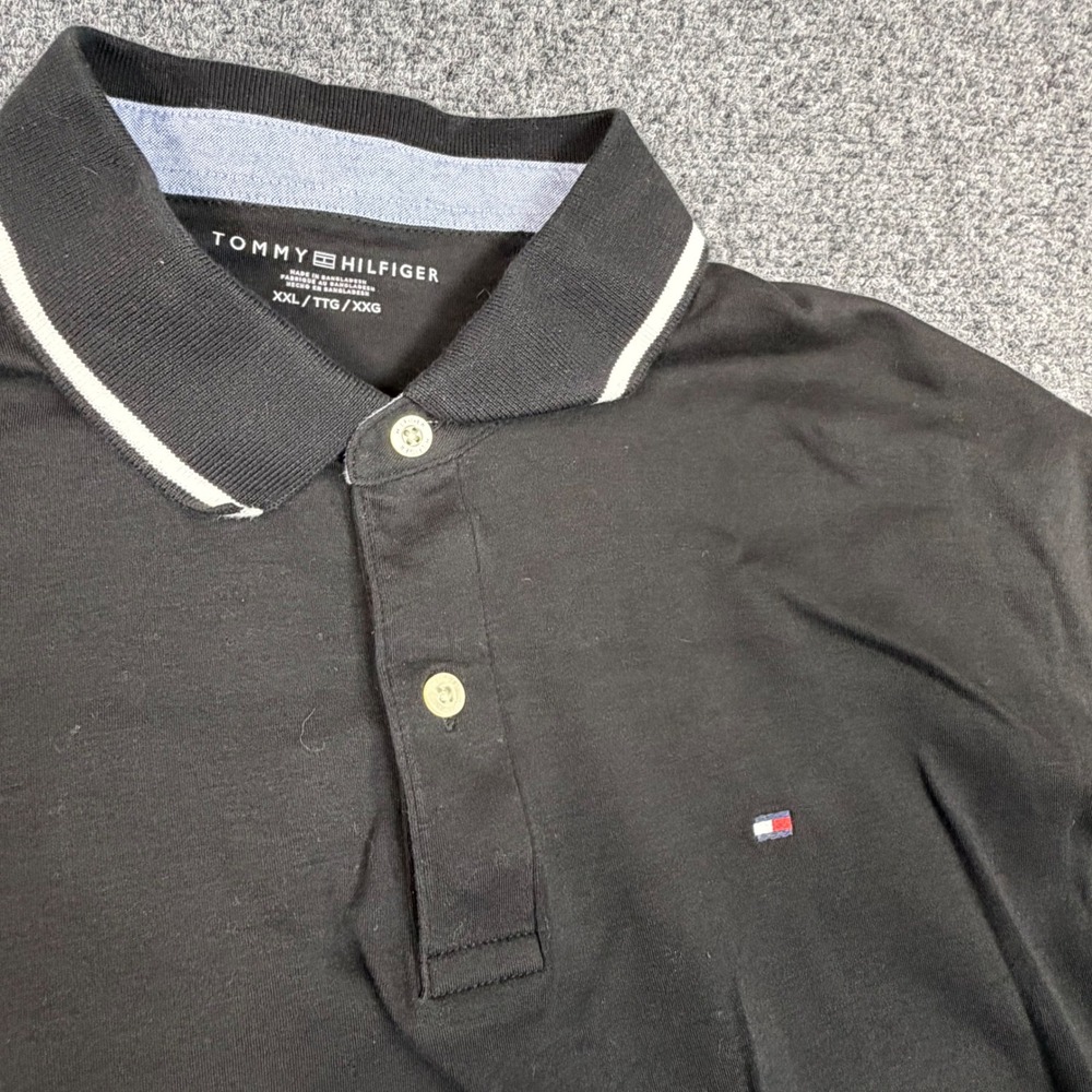VTG Tommy Hilfiger Mens XXL Check Measurements Black Short Sleeve Polo Shirt